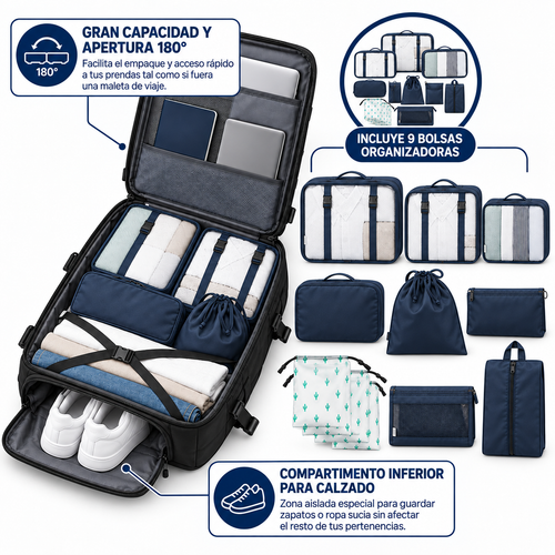 Mochila Viajera Impermeable + 9 Bolsas Organizadoras de Maleta