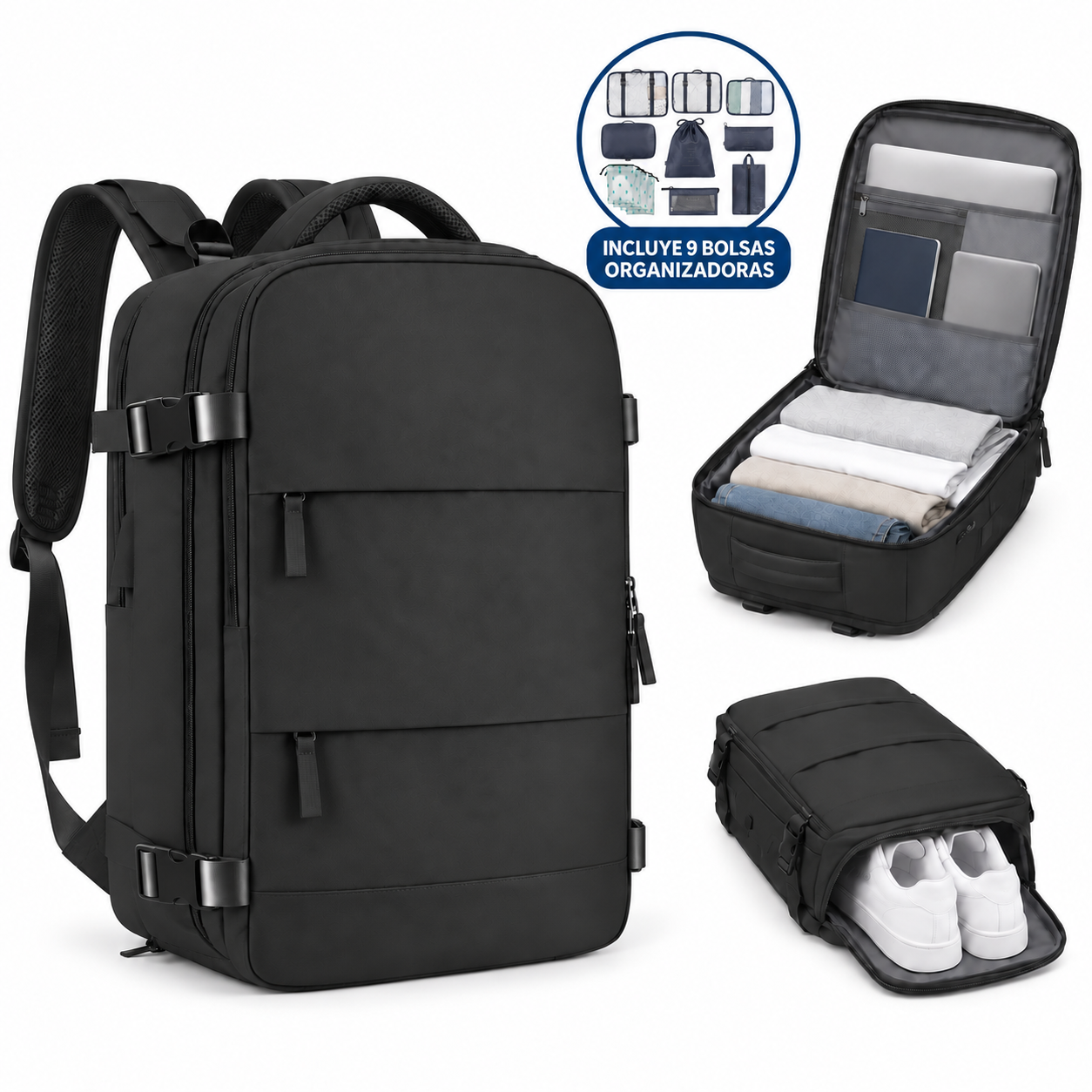 Mochila Viajera Impermeable + 9 Bolsas Organizadoras de Maleta